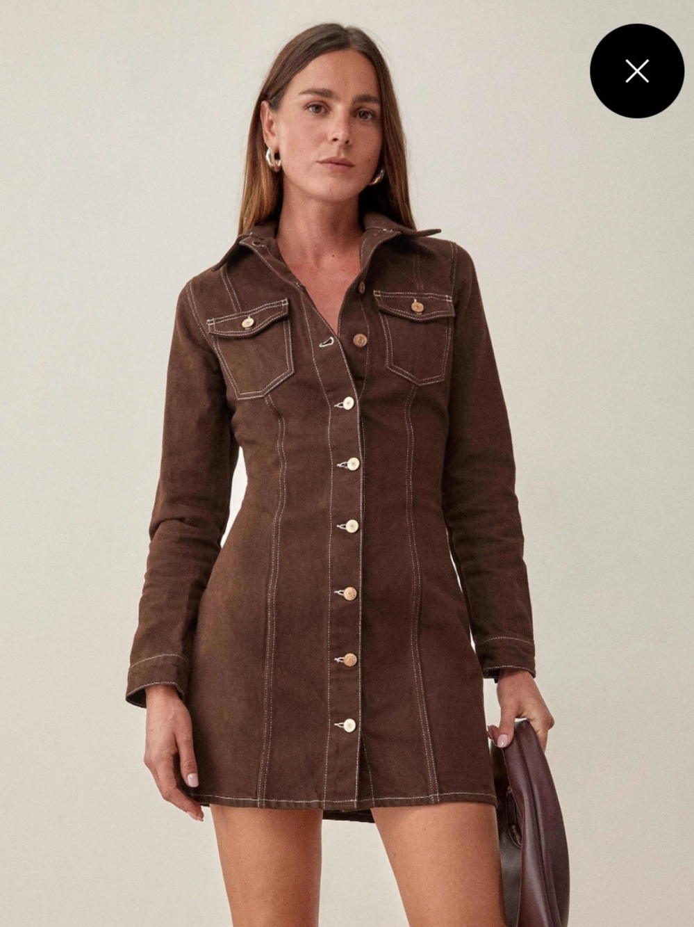 Reformation Button-Front Utility Newman Denim Mini Dress Cafe Brown Size 8